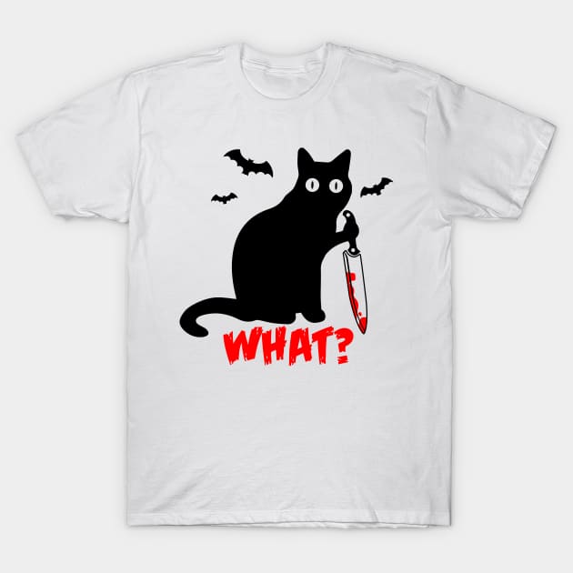 Funny Black Cat What Knife Halloween Scray T-Shirt by expressimpress